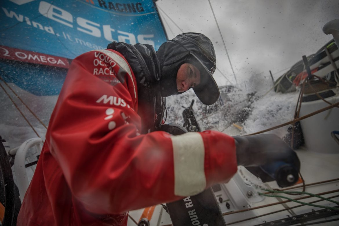 Leg 10, from Cardiff to Gothenburg, day 04 on board Vestas 11th Hour. 13 June, 2018. Stacey Jackson attached to the pedestral. Volvo Ocean Race gear